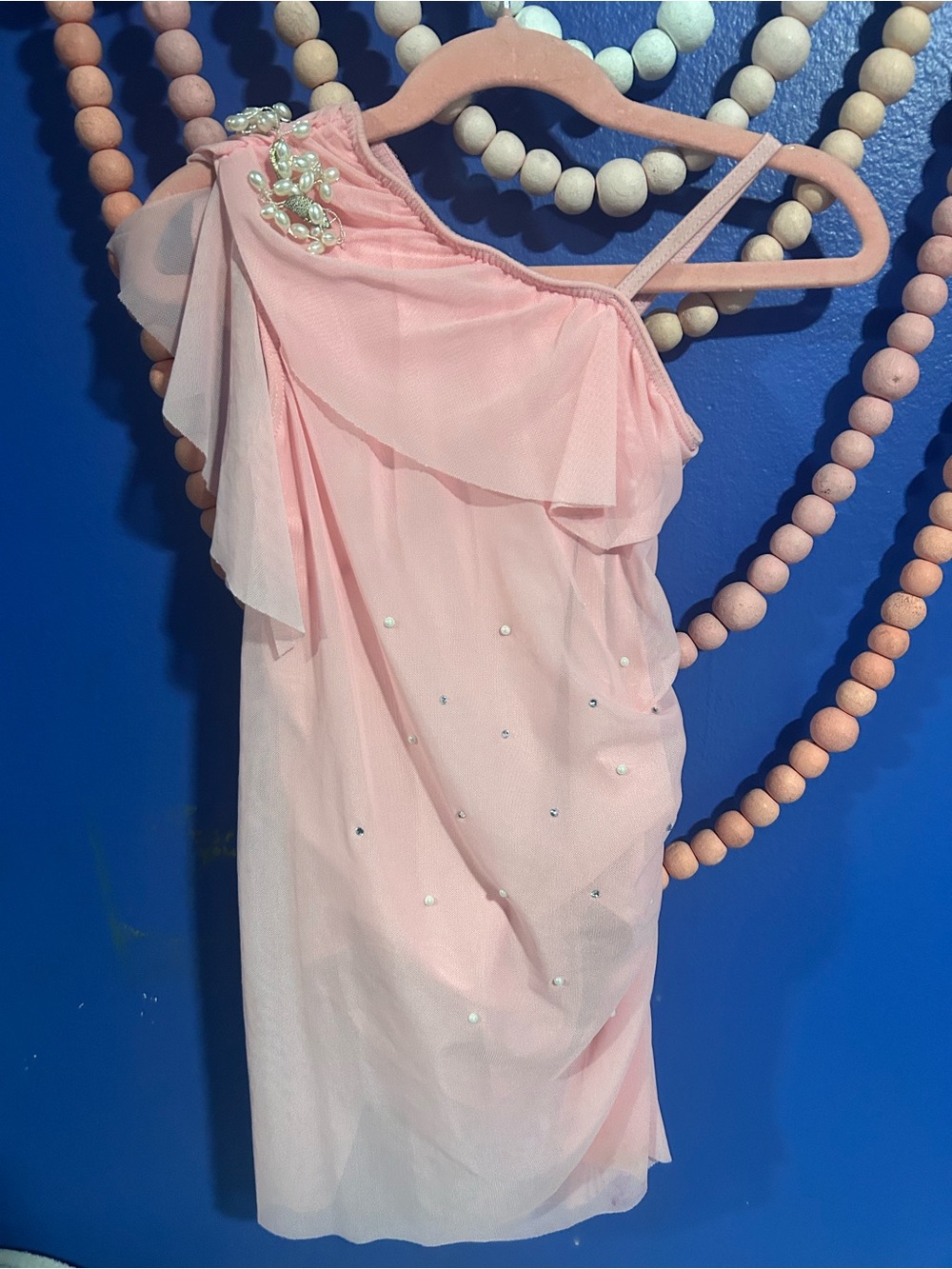 Girls' One-Shoulder Pink Pearl Party Dress